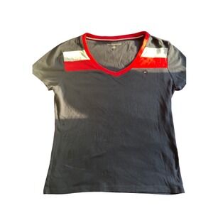 Tommy Hilfiger Womens Navy Blue Red White Colorblock V-Neck T-Shirt TJTATK559A